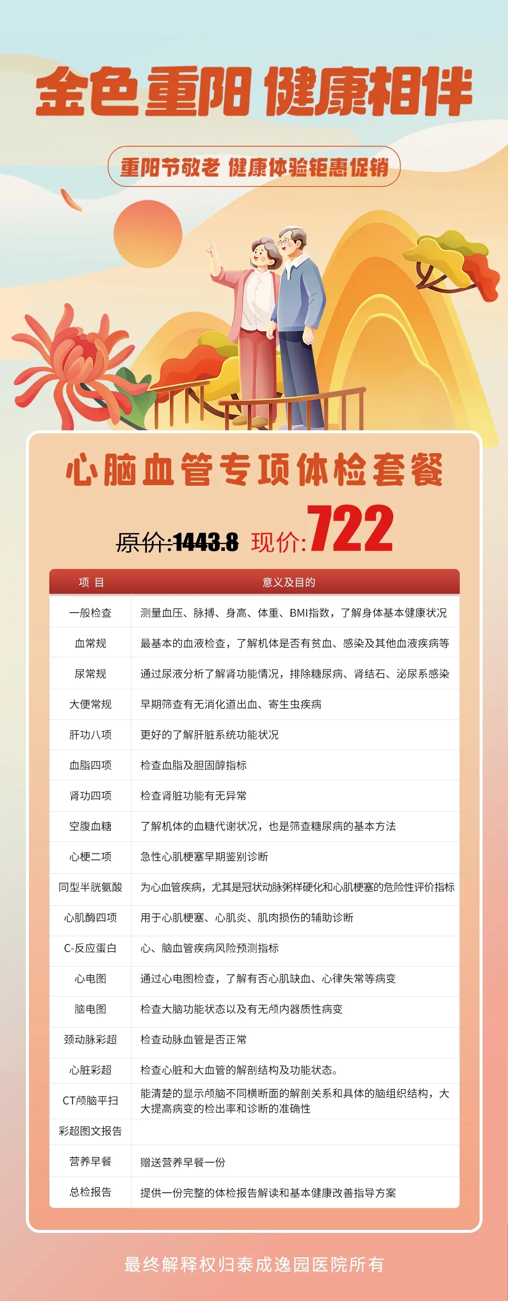 重阳送关爱，全面体检助健康，泰成逸园医院重阳节优惠体检套餐暖心上线~