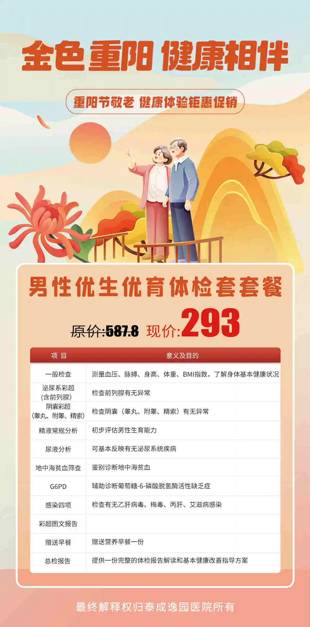 重阳送关爱，全面体检助健康，泰成逸园医院重阳节优惠体检套餐暖心上线~